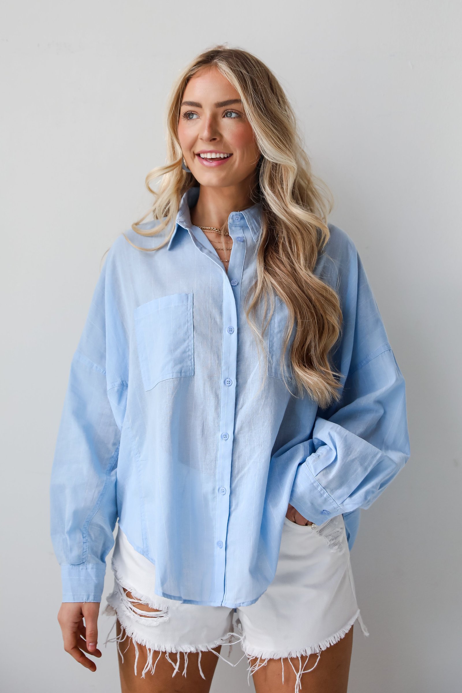 Official Trendsetter Pinstripe Oversized Button-Up Blouse WE3