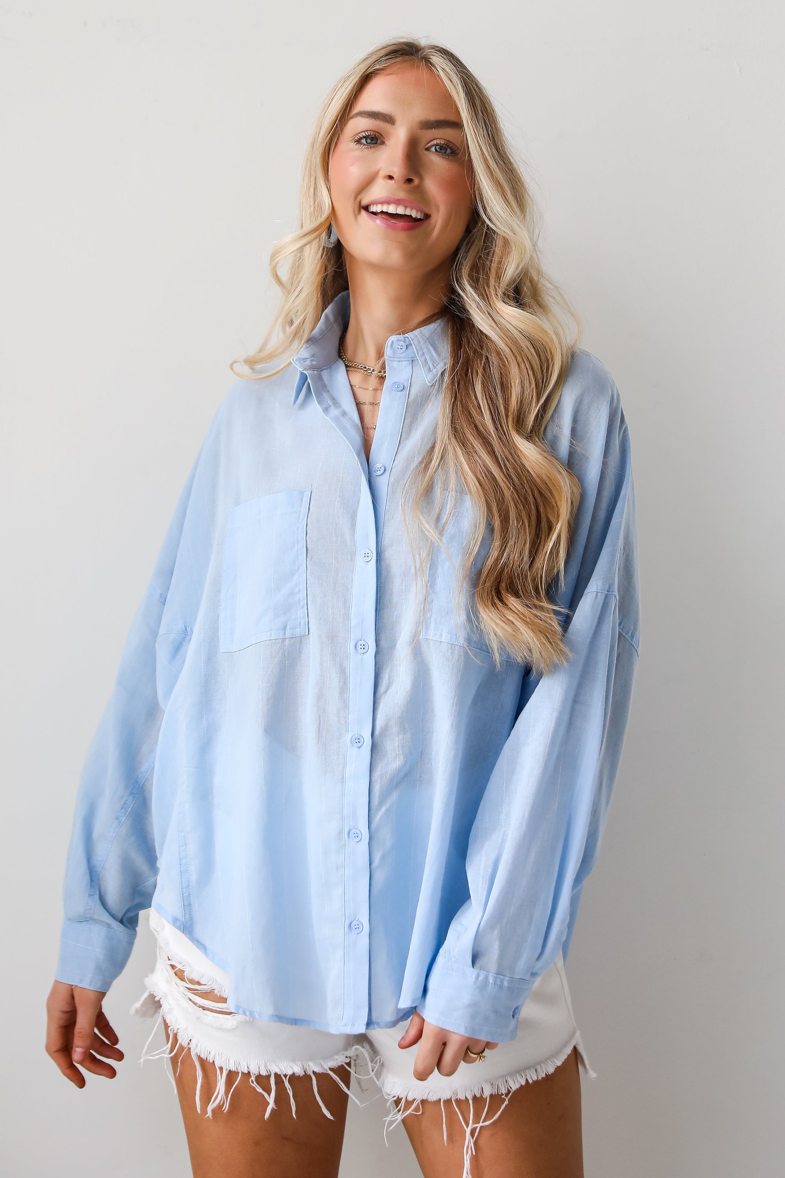 Official Trendsetter Pinstripe Oversized Button-Up Blouse WE3