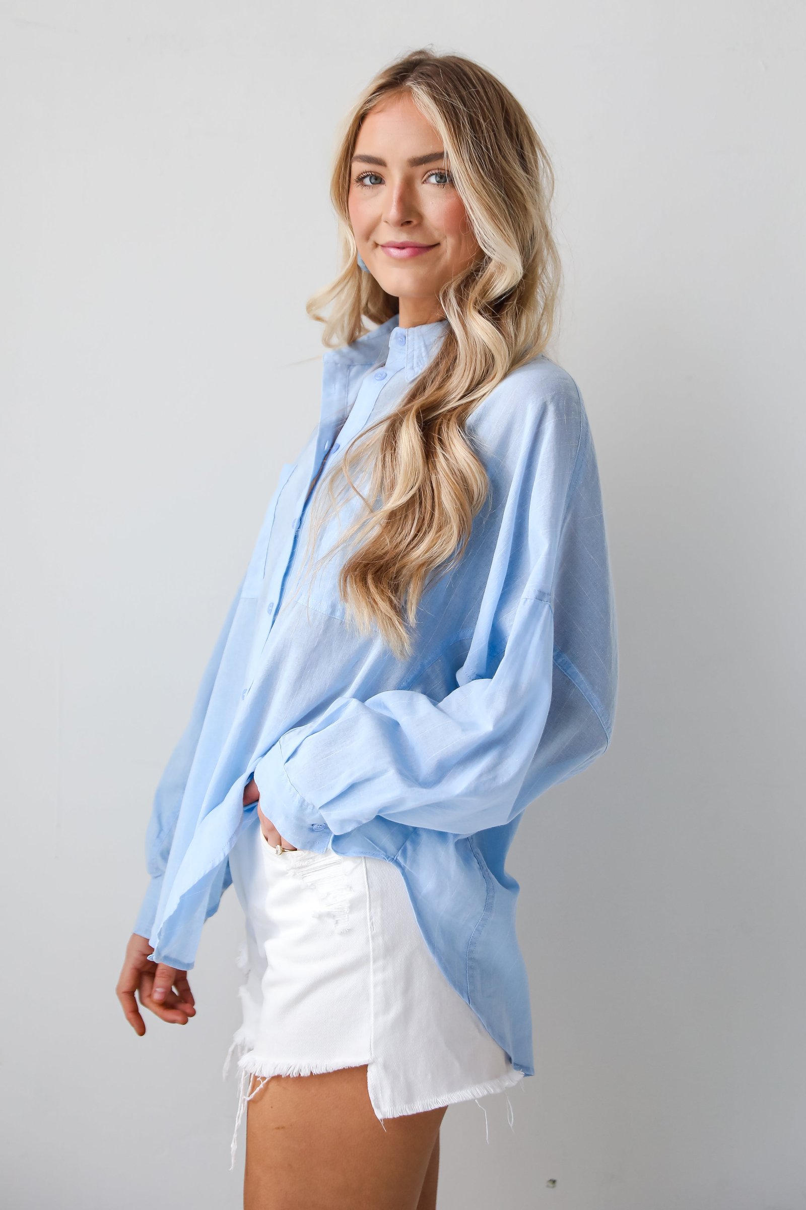 Official Trendsetter Pinstripe Oversized Button-Up Blouse WE3