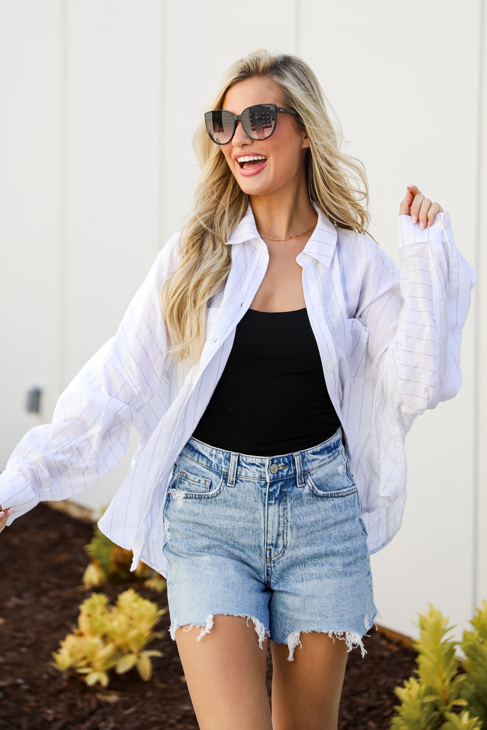 Official Trendsetter Pinstripe Oversized Button-Up Blouse WE3