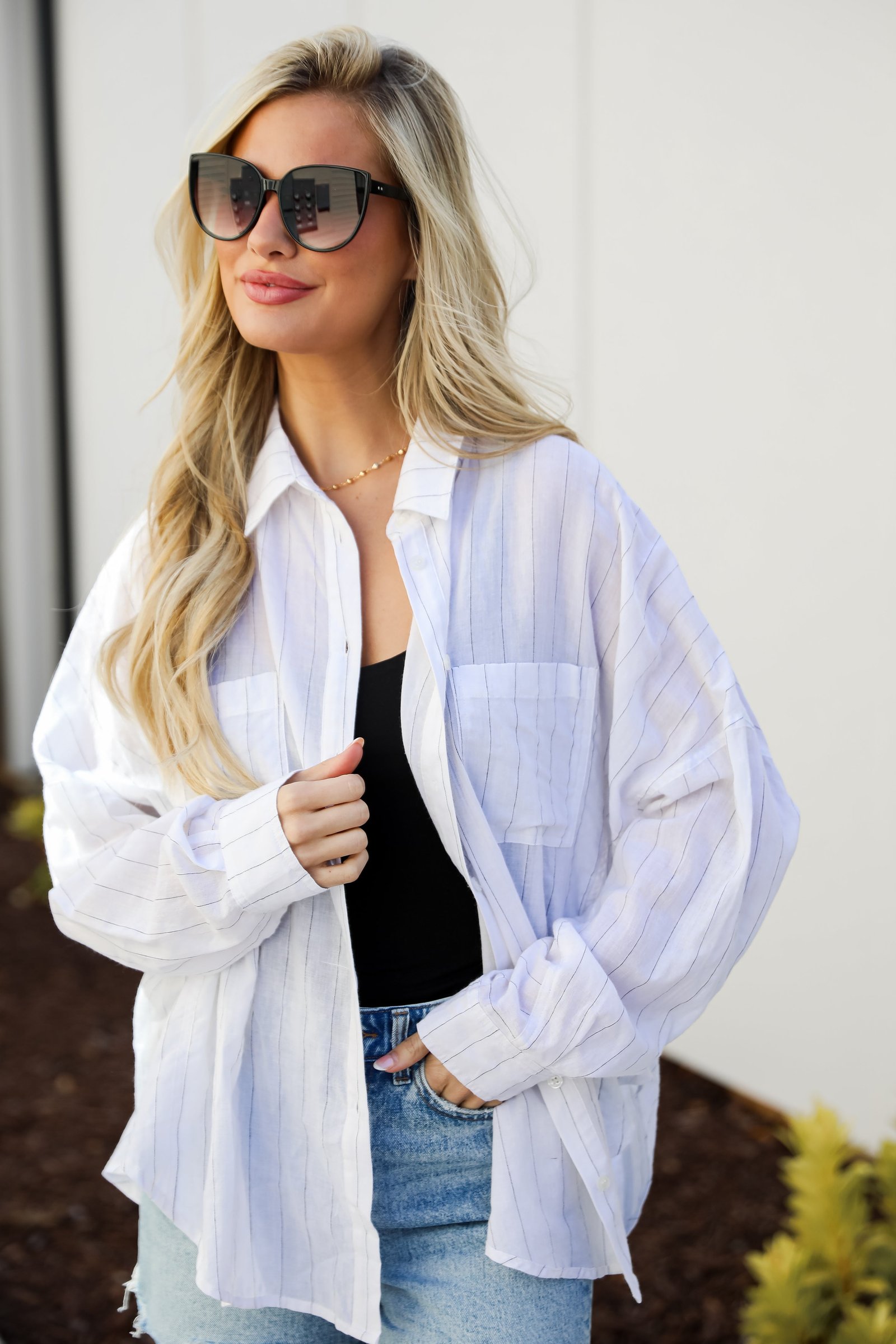 Official Trendsetter Pinstripe Oversized Button-Up Blouse WE3