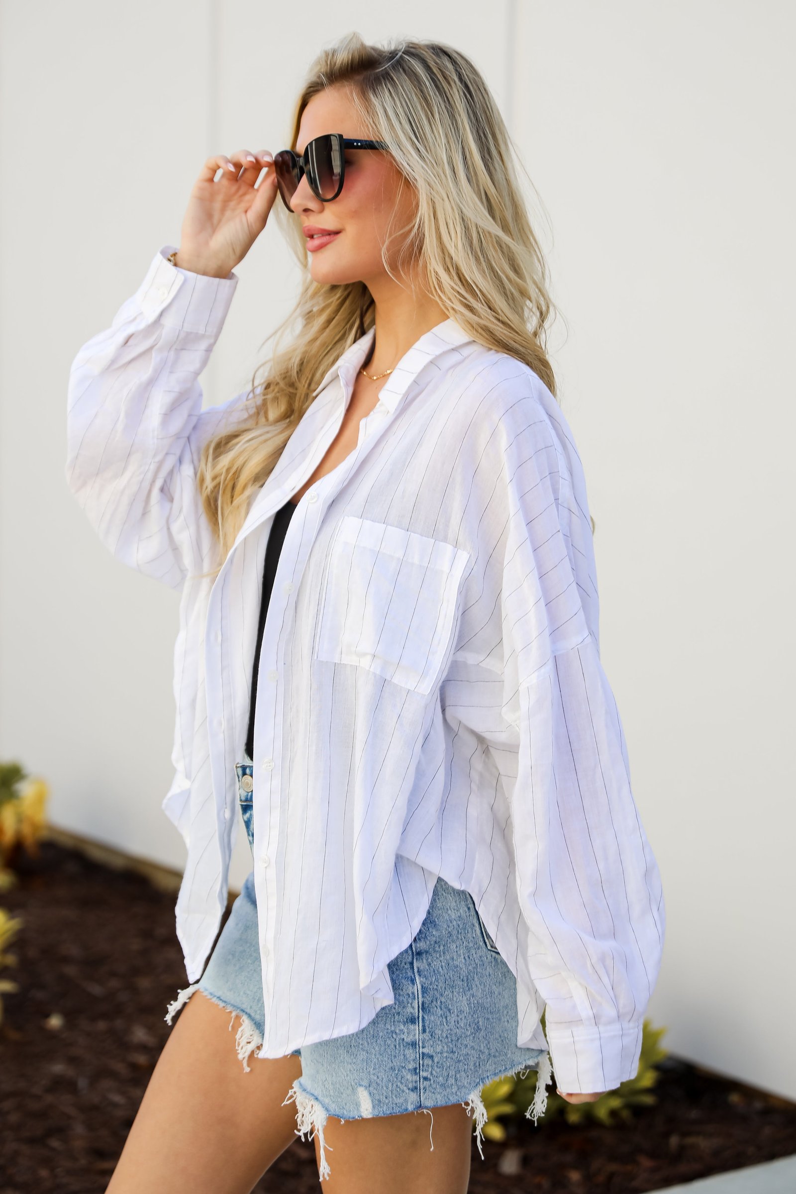 Official Trendsetter Pinstripe Oversized Button-Up Blouse WE3