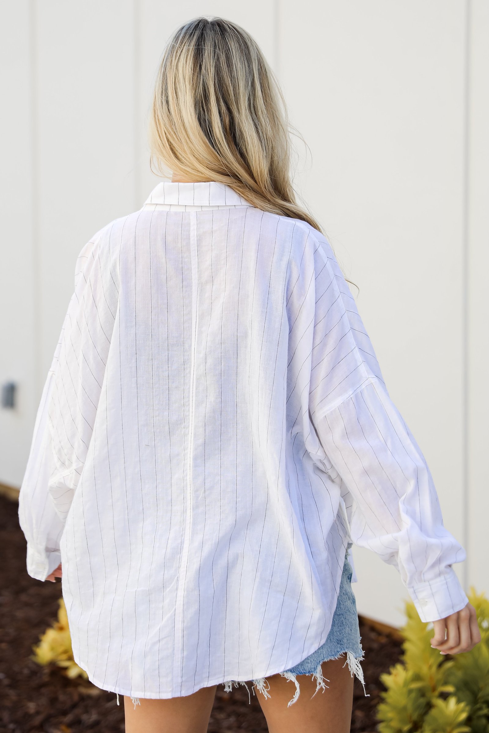 Official Trendsetter Pinstripe Oversized Button-Up Blouse WE3